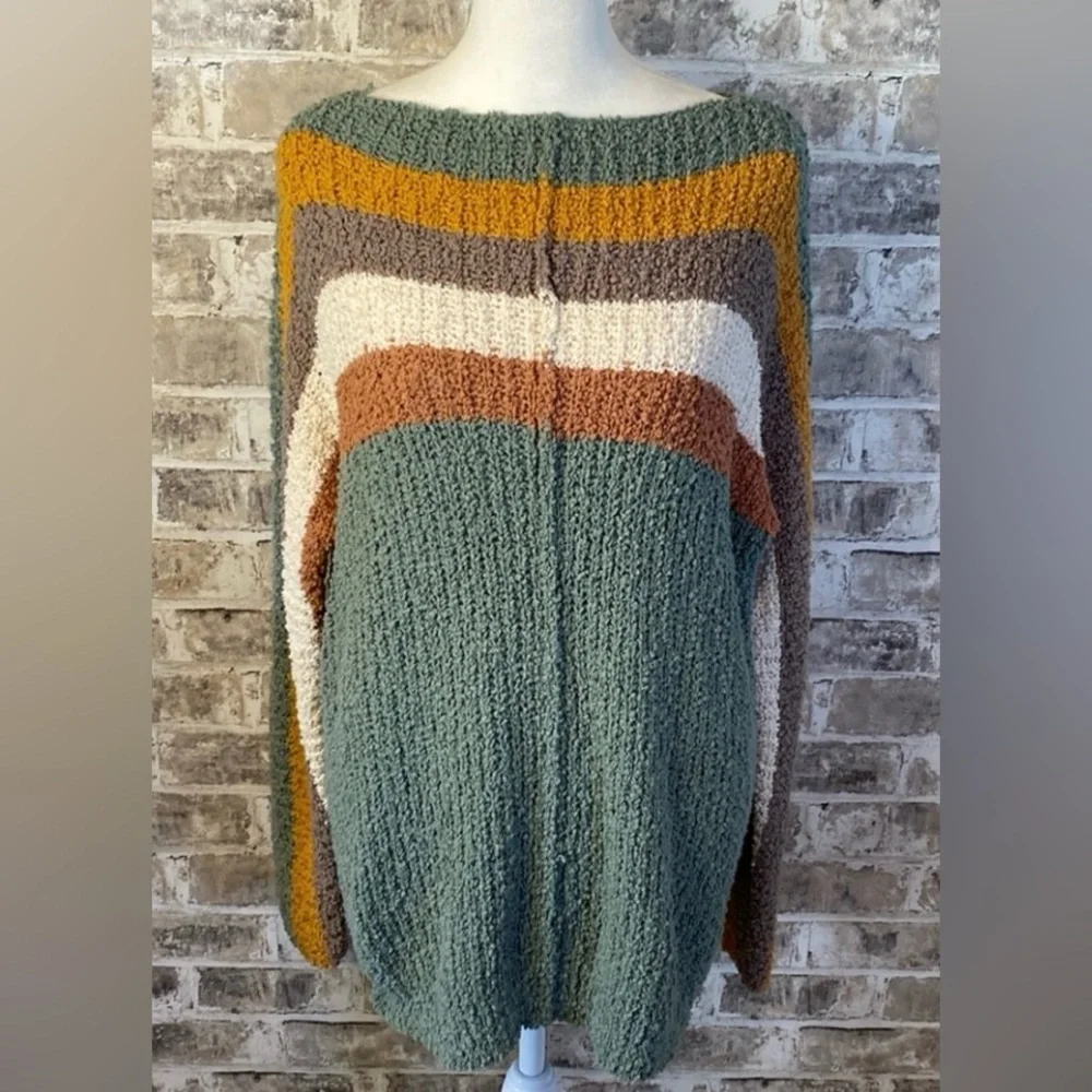 Shop Stevie Oversized Chunky Knit Striped Sweater. Size L. Sage Green and Brown. - Picture 2 of 15